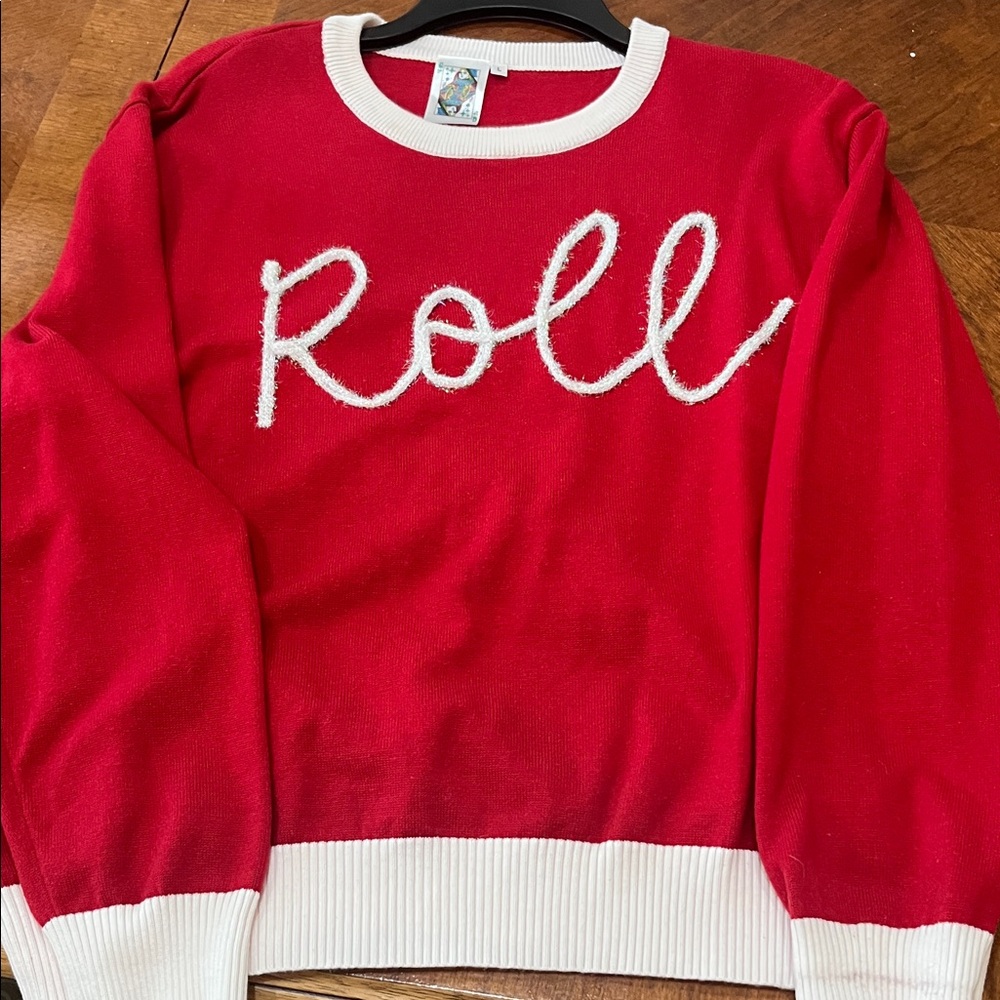 Queen of sparkles Vibrant Red Crew Neck Sweater with White iridescent Trim